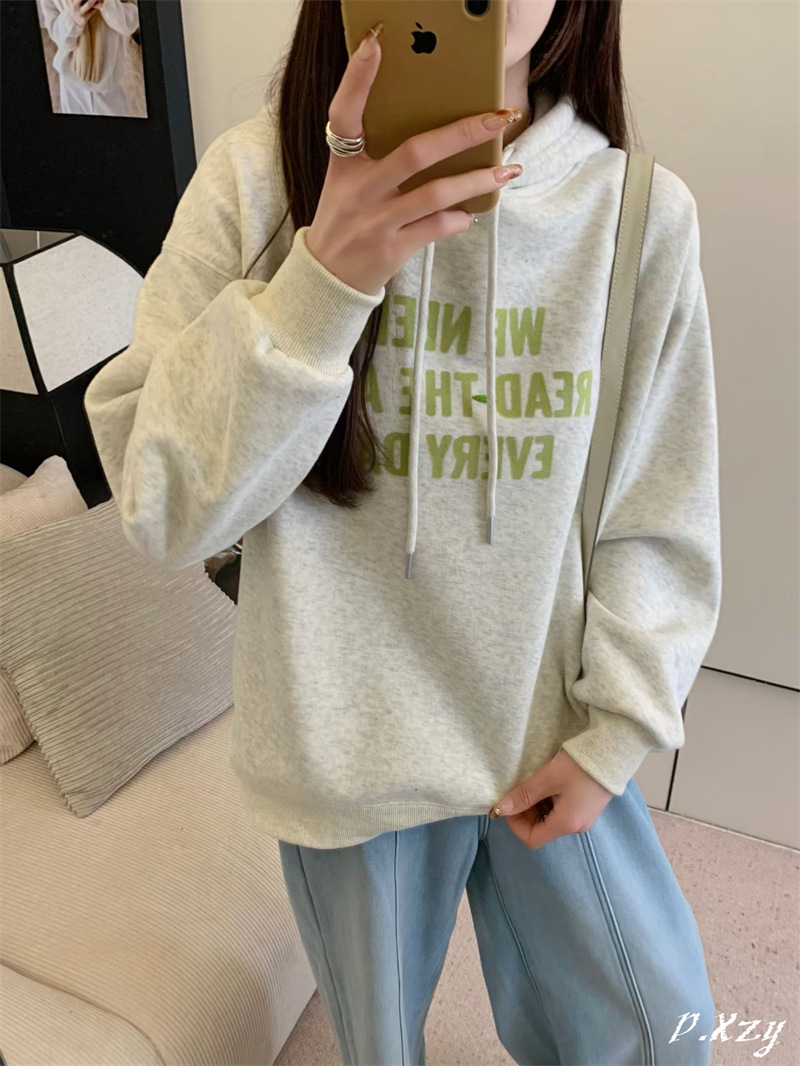 L·Amvge25韩版小版休闲百搭连帽长袖女卫衣冬季加绒上镜保暖大板