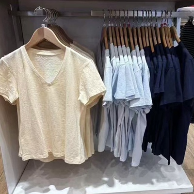 棵米0素家夏百搭基础款简约竹节纱V领T恤纯色短袖棉质上衣483460
