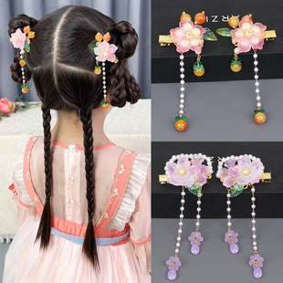 儿童古风汉服头饰超仙流苏珍珠花朵对夹小女孩中国风公主发卡步摇