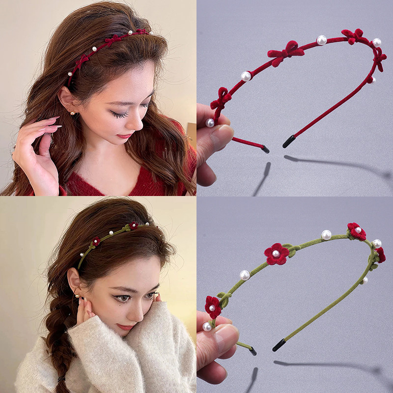 新年红色蝴蝶结珍珠发箍