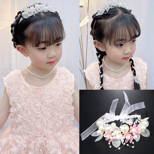 儿童精致公主花朵珠珠飘带花环编发丝带生日舞台气质重工编织发带