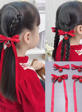 新款儿童红色丝带樱桃吊坠发夹甜美女蝴蝶结飘带发卡新年喜庆头饰