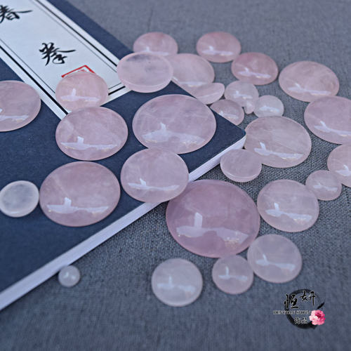 3/30mm天然原石粉晶戒面贴片平底半面圆形diy镶嵌发冠头饰品材料