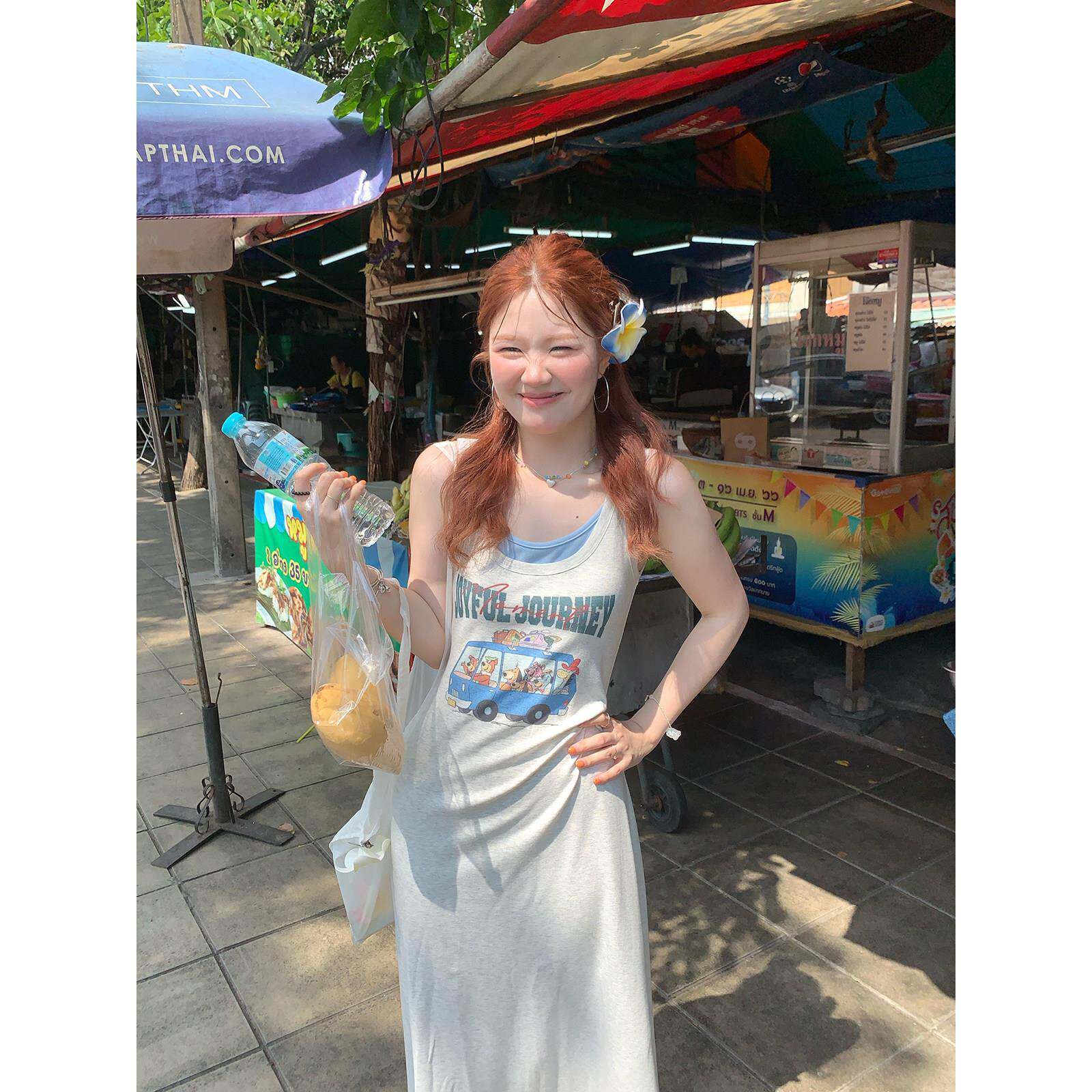 火火火【贯穿入夏】韩版休闲印花背心吊带洋装女显瘦中长版裙子