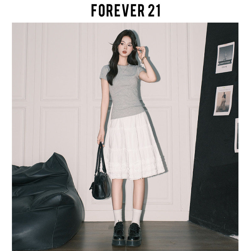 Forever21超好看木耳花边半身裙女韩系白色A字蛋糕裙高腰垂感中裙
