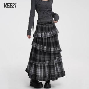 Vee21 早春季蛋糕裙黑灰色格子半身裙长款古早日杂日系穿搭长裙子