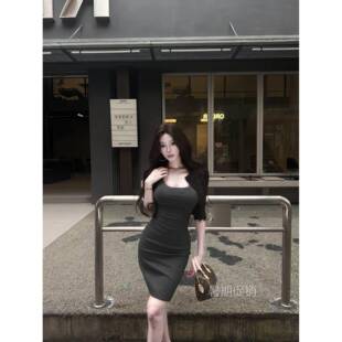 AWMUMU 灰色高腰半身裙女御姐高智风修身弹力西装包臀短裙a字裙子