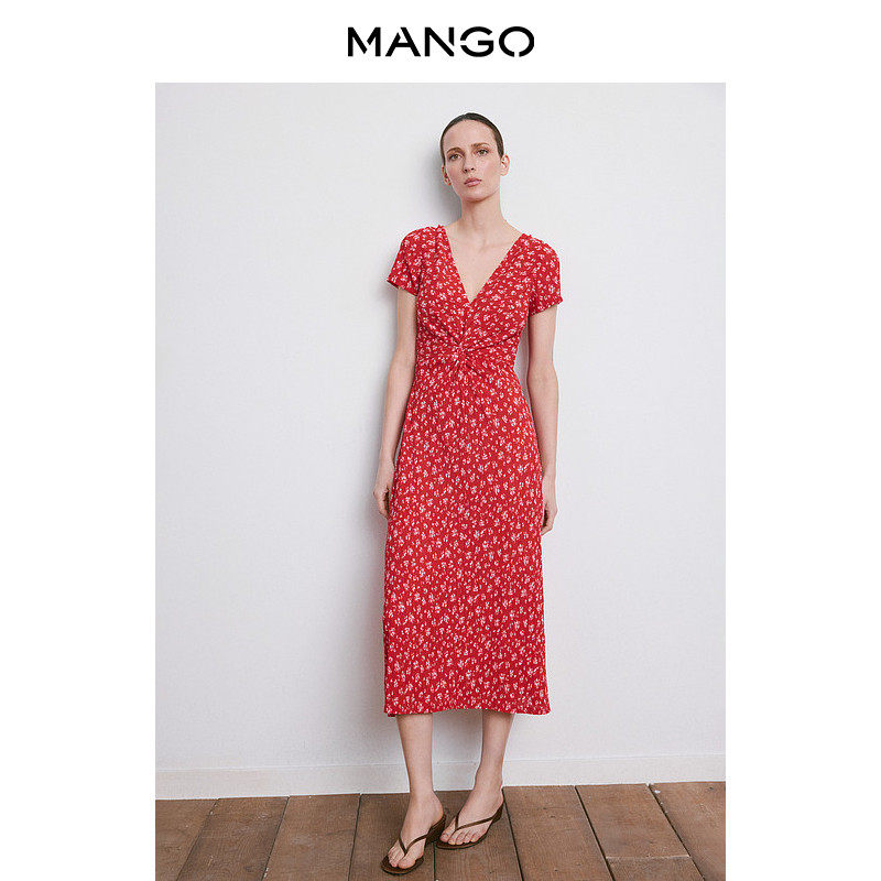 MANGO女装连衣裙2026夏装新款V领短袖法式雪纺碎花显瘦度假长裙
