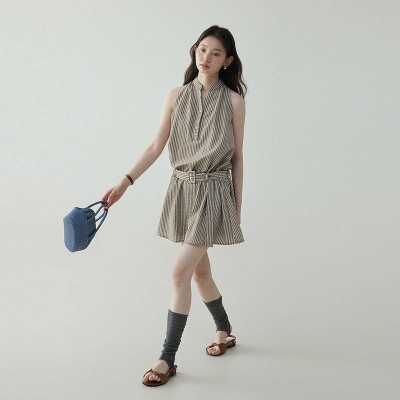 「芥末派VOOE」法式条纹挂颈露肩腰带短裙女25夏季撞色显瘦洋装