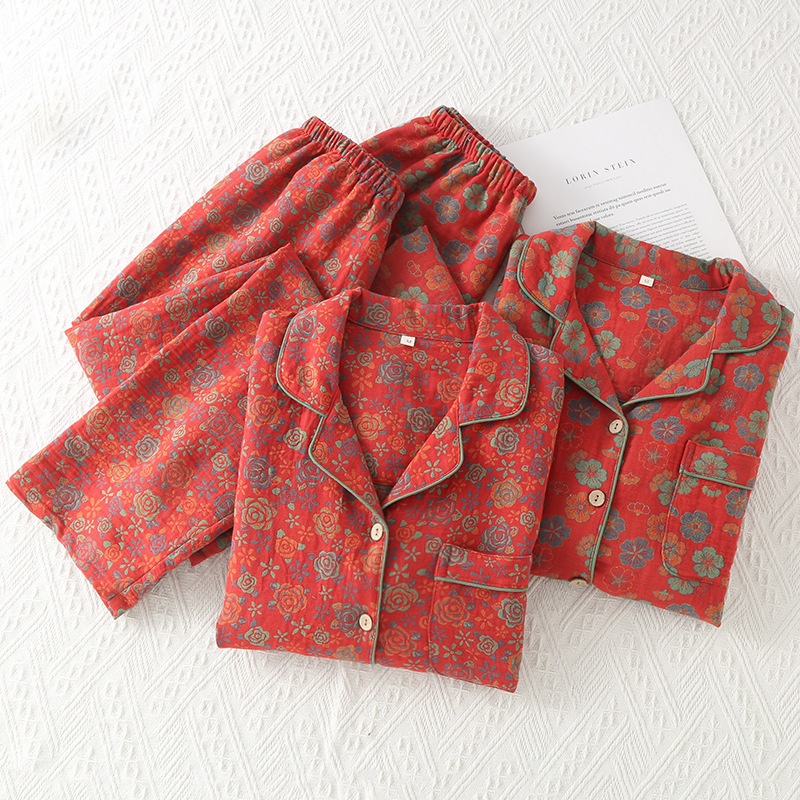 睡衣女双面提花家居服薄款色织双层棉纱新婚长袖长裤喜庆大码家居