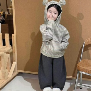 儿童装男女童套装条纹耳朵卡通加绒加厚卫衣加长裤26冬装新款