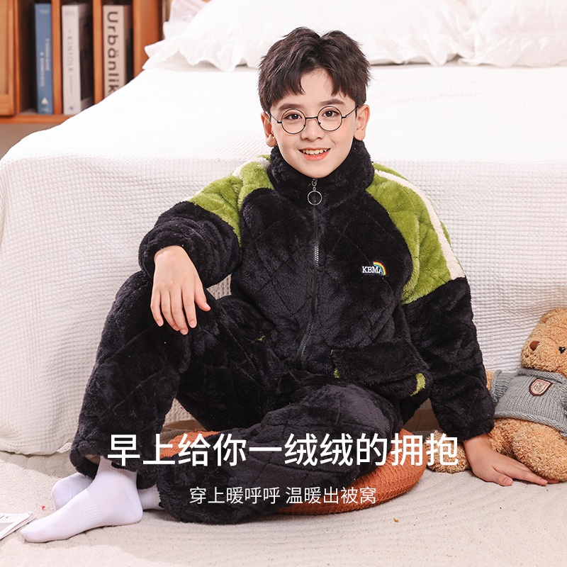 儿童睡衣男童冬季加厚法兰绒三层夹棉珊瑚绒中大童女童休闲家居服