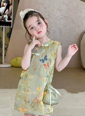 儿童装女童裙子名族风盘扣送包包旗袍蝴蝶连衣裙2026夏季新款
