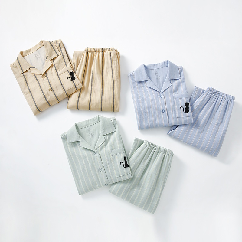 春秋款纯棉双层纱布男款女款长袖家居服套装休闲长袖长裤睡衣套装