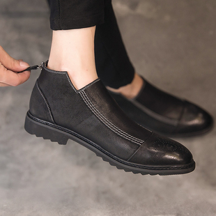 马丁靴男真皮韩版 复古套脚短筒英伦尖头布洛克雕花拉链中高帮皮鞋