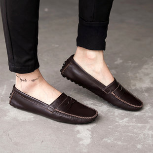 软皮软底驾车轻质圆头懒人套脚鞋 真皮豆豆鞋 一脚蹬男士 新款 男夏季