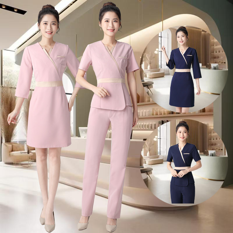 美容师工作服短袖女夏连衣裙大码弹力技师服美容院高端养生馆套装