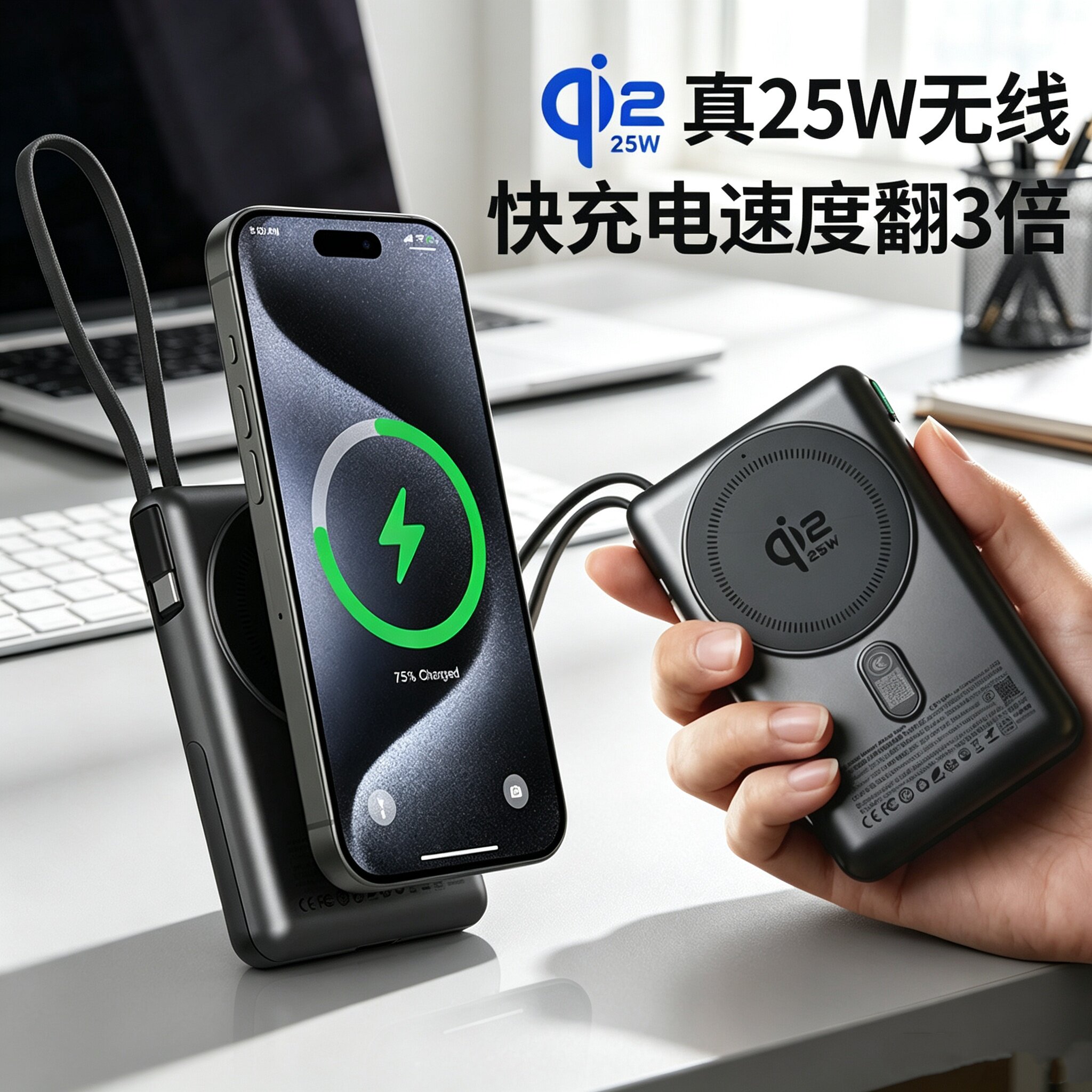 3C认证磁吸充电宝qi2外接电池无线快充支架移动电源自带线大容量