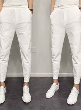 2024夏季男士白色九分裤社会精神小伙束脚裤纯色百搭速干小脚裤