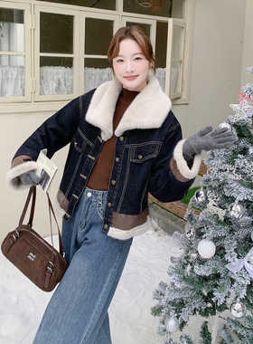 现货2D078-Y3380-P225K348牛仔拼皮内毛毛派克棉衣