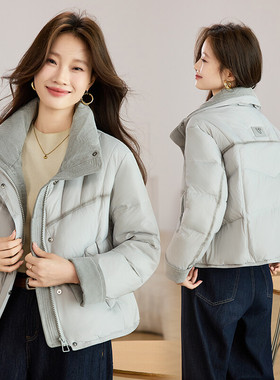 2D044现货25冬装新款 水洗牛仔拼接 休闲保暖时尚立领羽绒服灰色