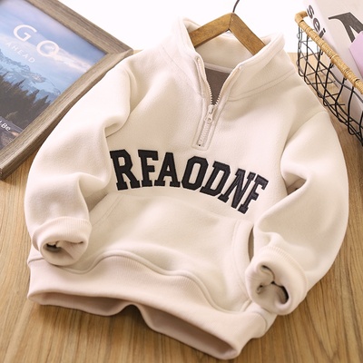 男童加绒卫衣冬装半拉链打底衫2025冬季新款儿童字母刺绣polo上衣