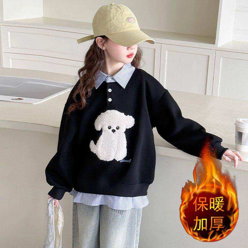 女童加绒卫衣秋冬款洋气儿童时尚假两件长袖学院风女孩polo领上衣