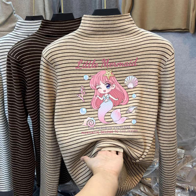 儿童秋装德绒条纹2025新款秋冬长袖t恤男童女童洋气保暖打底衫潮