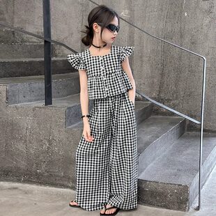 女童夏季网红格子套装2026新款儿童韩版薄款阔腿裤小女孩时髦夏装