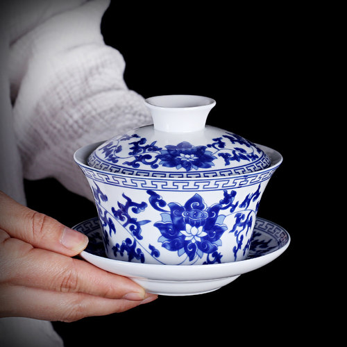 三炮台大盖碗青花瓷白瓷功夫茶具