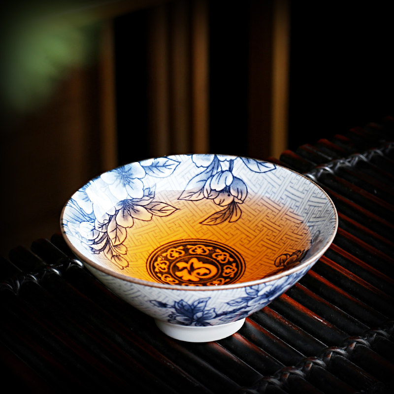 青花瓷茶杯陶瓷功夫中式单杯个人杯茶盏复古品茗斗笠杯客厅家用