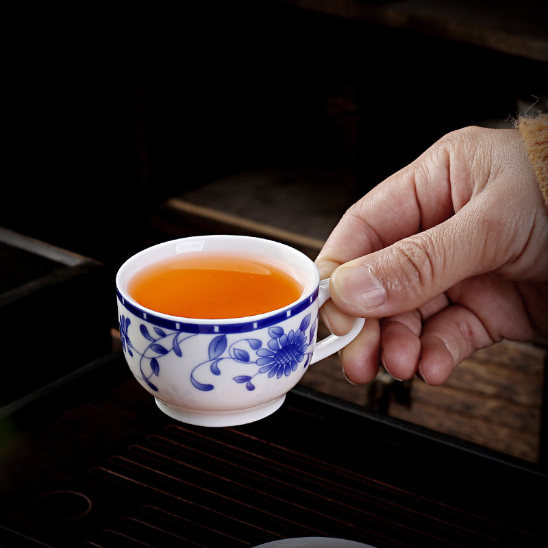 防烫家用陶瓷茶杯待客水杯套装客厅带把手小号杯子泡茶喝水青花瓷