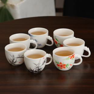 手绘釉下彩茶杯荷花柿子陶瓷带把防烫泡茶品茗杯家用手柄杯单个装