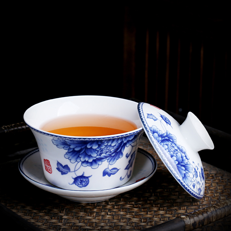 特大号盖碗陶瓷茶杯单个三炮台复古青花家用餐厅花茶八宝茶大盖碗