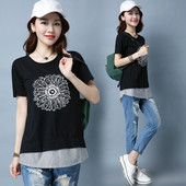 中长款 2024夏季 T恤女短袖 印花拼接T恤B235