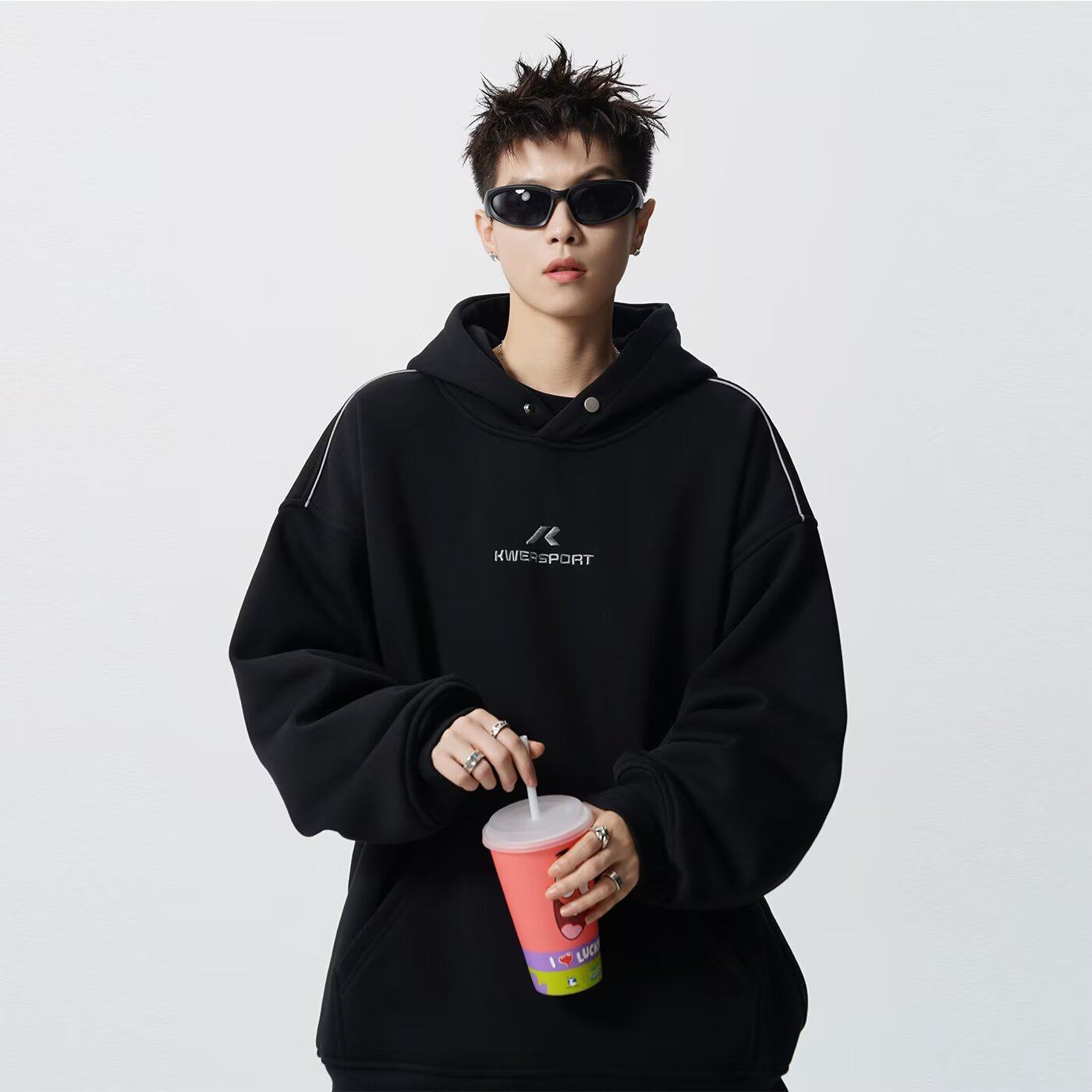 2026新款潮牌重磅美式字母刺绣连帽卫衣男款潮流宽松百搭套头上衣