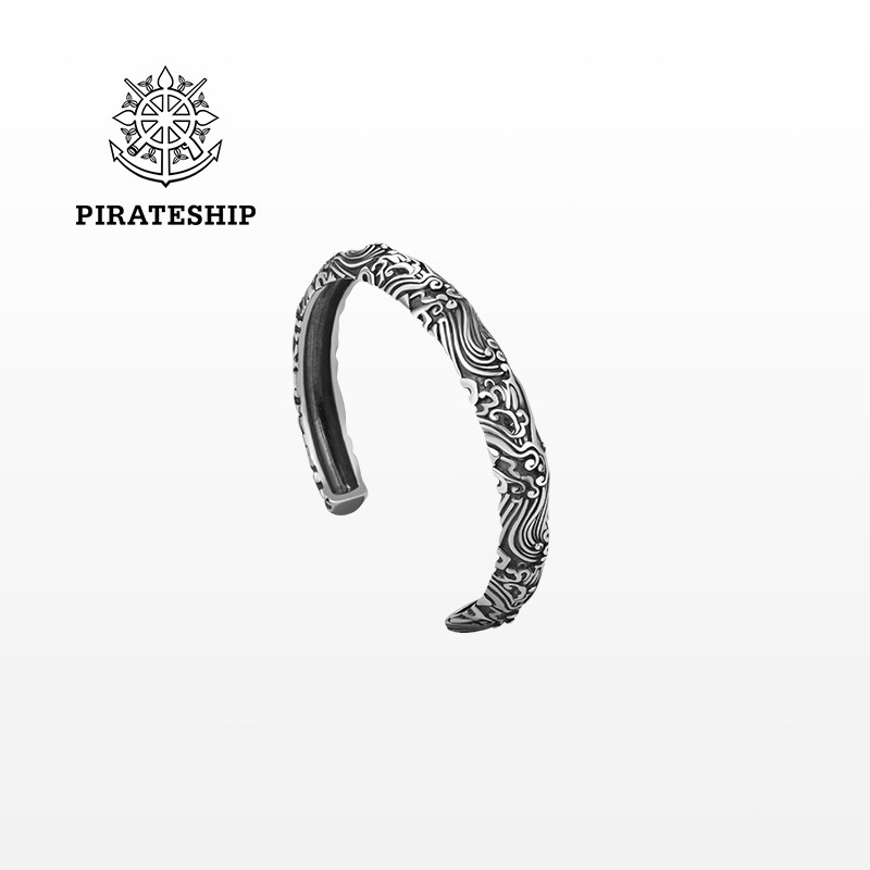 海盗船银饰海浪银手镯男复古925银镯子设计高级感首饰开口手饰女