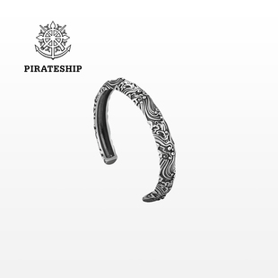 海盗船银饰海浪银手镯男复古925银镯子设计高级感首饰开口手饰女