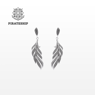 海盗船银饰新款复古羽毛耳坠女欧美潮人银耳环冷淡风耳钉个性耳饰