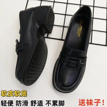 软皮软底厚底乐福鞋工作鞋女士单鞋粗跟休闲鞋英伦风小皮鞋一脚蹬