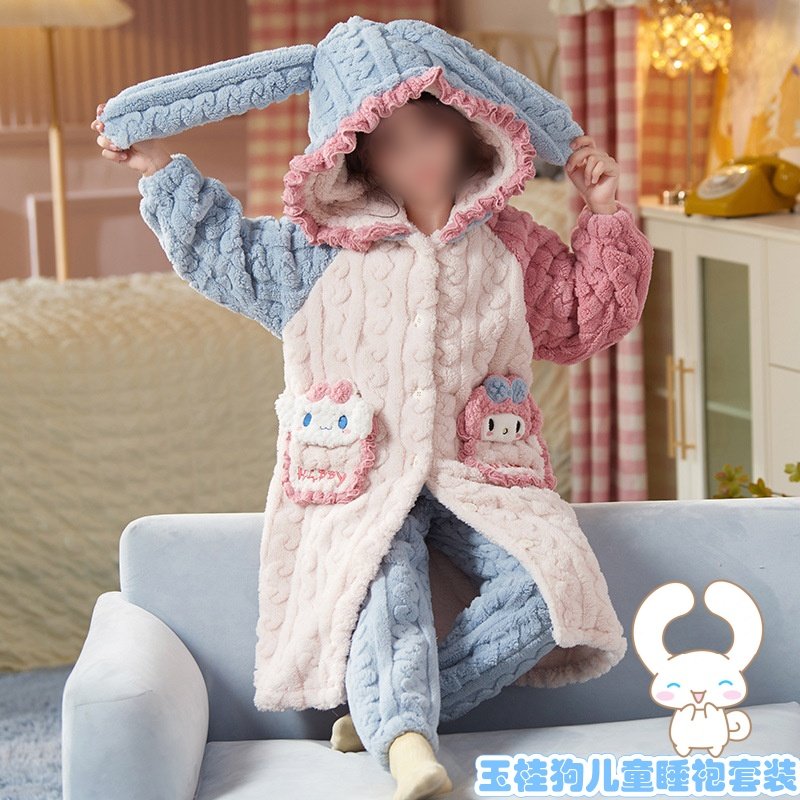 玉桂狗儿童珊瑚绒睡袍套装加绒加厚大耳狗宝宝家居服秋冬连帽睡衣