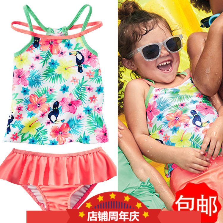 欧美儿童泳衣女童裙式吊带荷叶大花女孩印花分体比基尼泳装宝宝荷