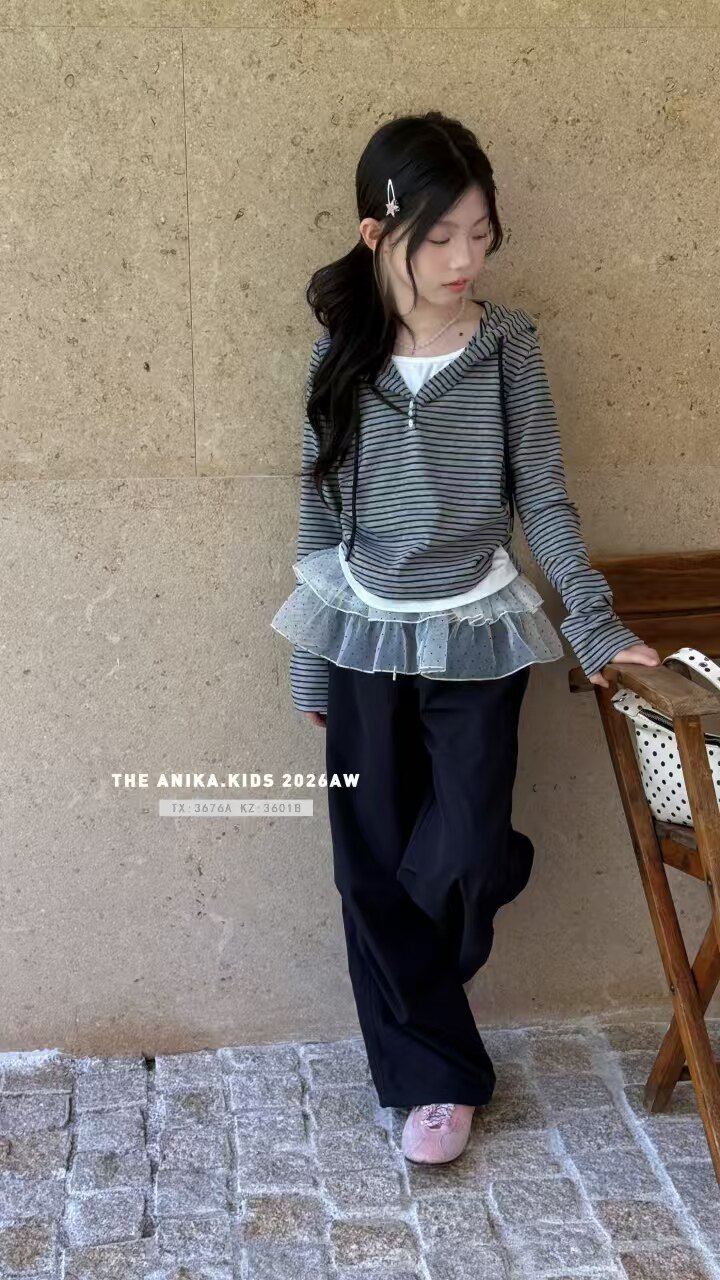 阿尼卡26秋季新款女童时尚条纹休闲T桖儿童长袖上衣中大童