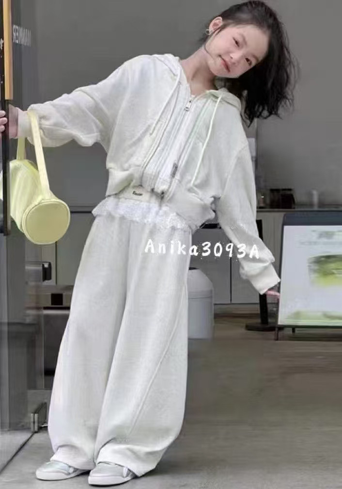 阿尼卡2025春新款女童韩版连帽卫衣外套蕾丝阔腿卫裤两件套套装软