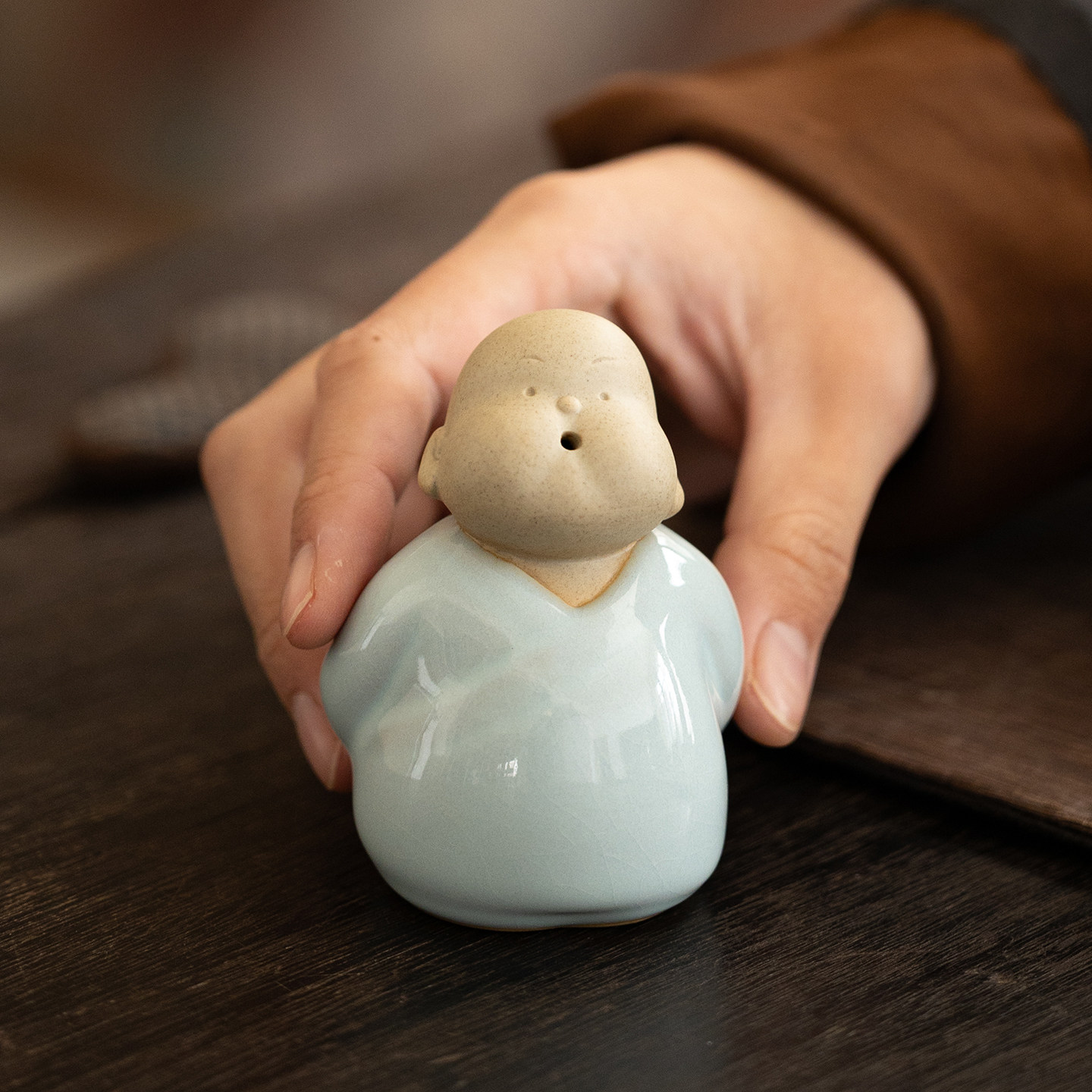 汝窑禅意小和尚茶宠摆件