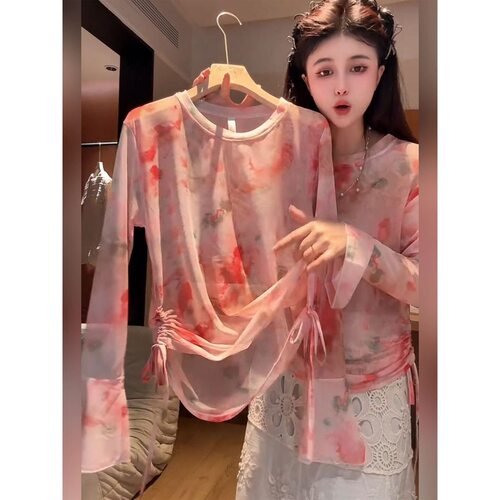欧货粉色晕染碎花喇叭袖透感防晒T恤女夏季新款抽绳收腰显瘦上衣