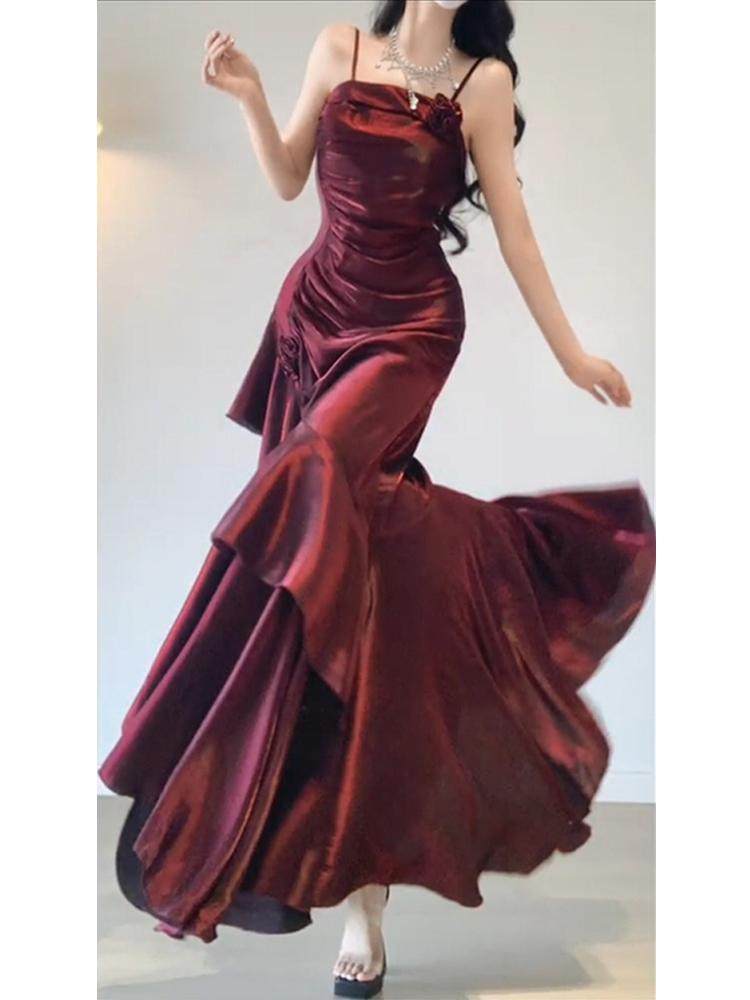 大码胖mm高级感步步生莲吊带连衣裙女夏季轻奢小众订婚鱼尾礼服裙