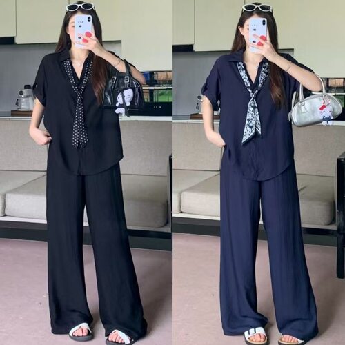 大码女装2026夏季新款韩系短袖衬衫高腰阔腿裤宽松休闲两件套装