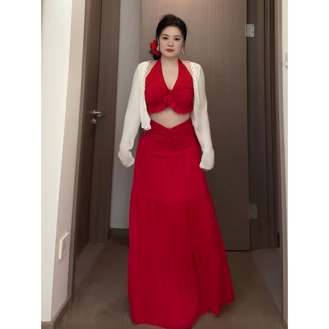 大码纯欲海边度假风套装春夏胖mm显瘦v领挂脖小吊带+半身裙两件套,女装/女士精品,大码套装,淘宝优惠券,粉丝福利购,淘宝优惠卷