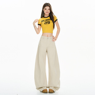 杏色牛仔裤女2025年夏季美式弯刀裤高腰显瘦直筒休闲镰刀阔腿裤子